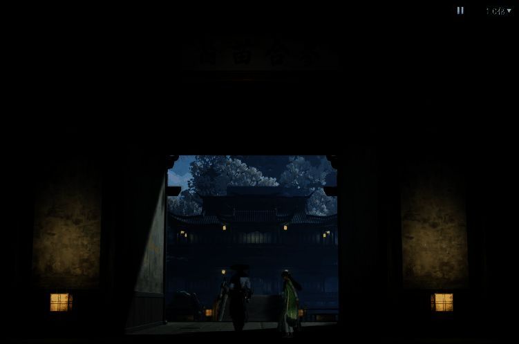 BOSS战画面，慕容冲身穿黑袍，手持长剑，与少侠在废墟中激烈交锋，技能特效炫目