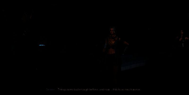 剧情过场截图，主角与队友站在高塔边缘眺望远方战火，人物表情僵硬，场景氛围压抑