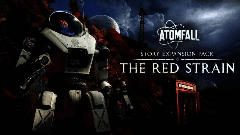 《原子陨落》DLC“红色菌株”宣传图，画面呈现一片被红色真菌覆盖的废弃实验室，空气中漂浮着诡异孢子，氛围阴森压抑