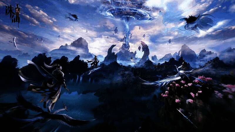 活动现场概念图，展示玩家在华为门店试玩《诛仙2》的热闹场景，背景为绚丽的仙侠世界画面