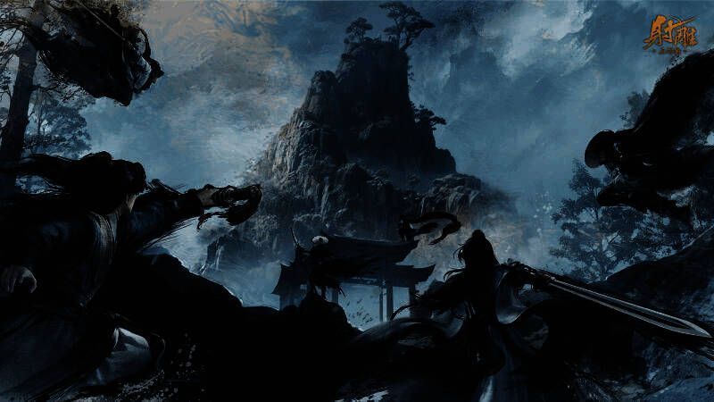 华山之巅玩家激烈对决场景，刀光剑影交错，气势磅礴