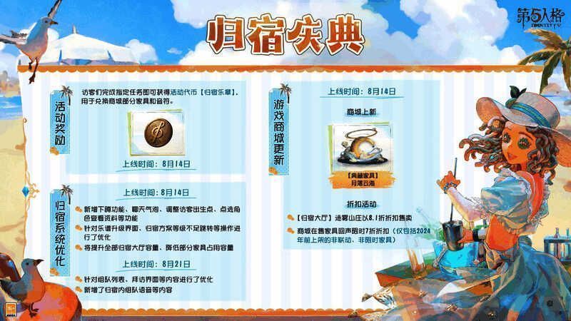 游戏内归宿系统界面展示，画面中为迷雾山庄大厅场景，布置着夏日风格的家具与装饰