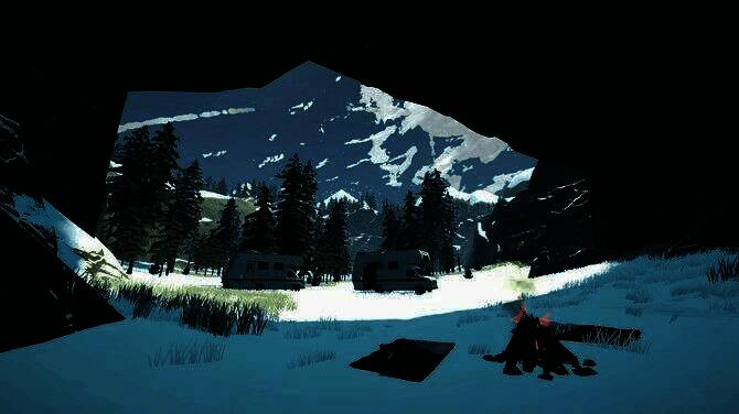 夜晚营地场景，房车灯光照亮周围，玩家在篝火旁烹饪食物，远处星光点点