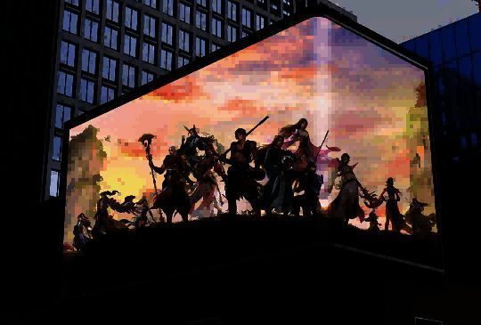 一对游戏角色在江湖中并肩而立，背后是夕阳下的古城墙，画面温馨感人