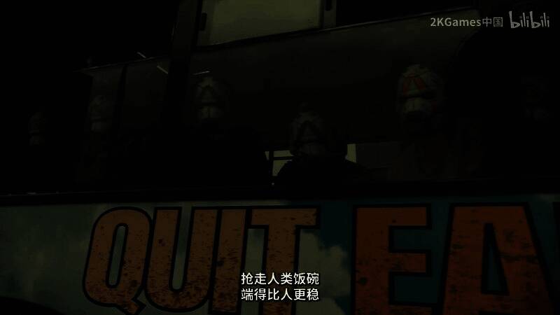 真人宣传片截图，演员身穿夸张废土风格服装，手持巨大火箭筒，背景为荒漠与爆炸特效