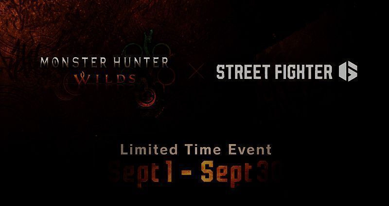 《街头霸王6》与《怪物猎人：荒野》联动宣传图，画面中布兰卡身披类似蛮颚龙的皮肤，火焰特效环绕，风格狂野