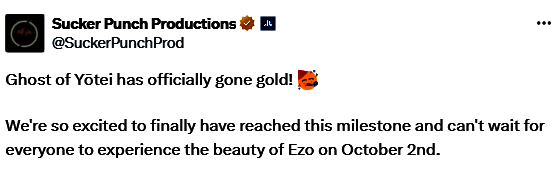 Sucker Punch官方公告图，显示《对马岛之魂：羊蹄之章》已进厂压盘，背景为雪山与日式符咒元素