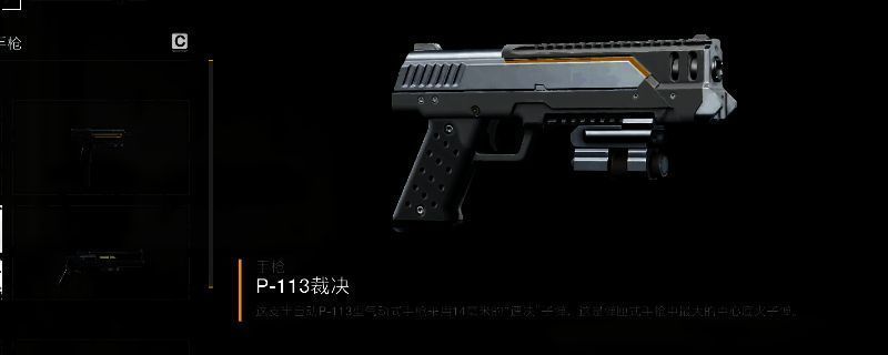 P-113裁决武器界面展示，枪身呈银灰色金属质感，带有战术握把与瞄准镜组件