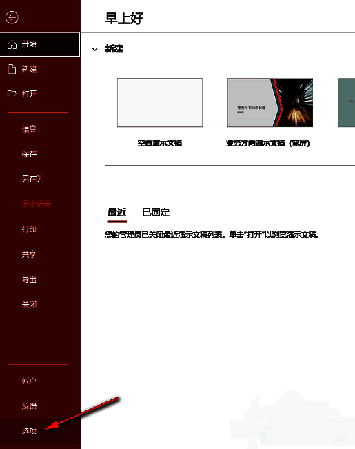 PowerPoint选项页面左侧菜单中‘选项’按钮被选中，准备进入详细设置