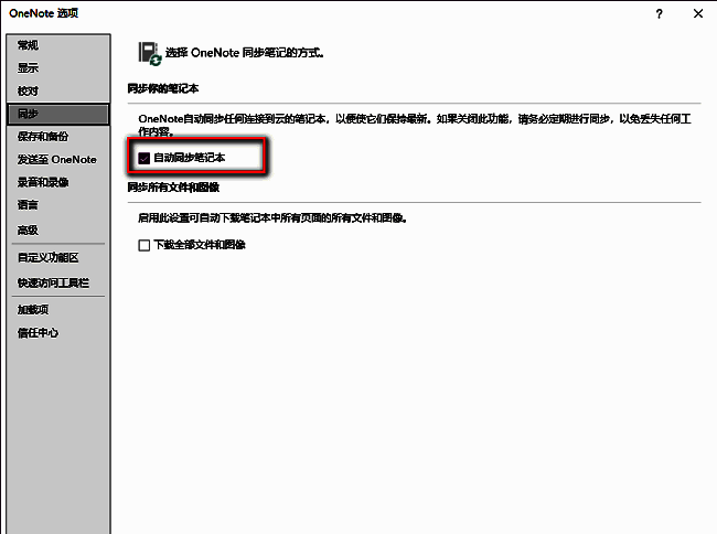 同步设置中‘自动同步笔记本’选项已被勾选，旁边有说明文字提示其作用