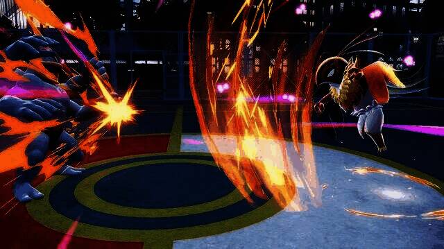 MEGA摔角鹰人与训练家并肩站立，展现默契配合