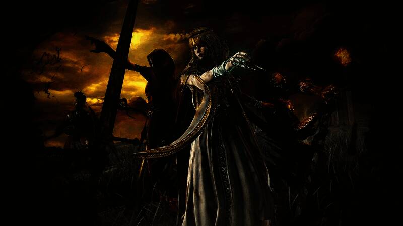 《艾尔登法环：黑夜君临》游戏场景，昏暗的森林中玩家角色手持火把前行，四周潜伏着未知敌人