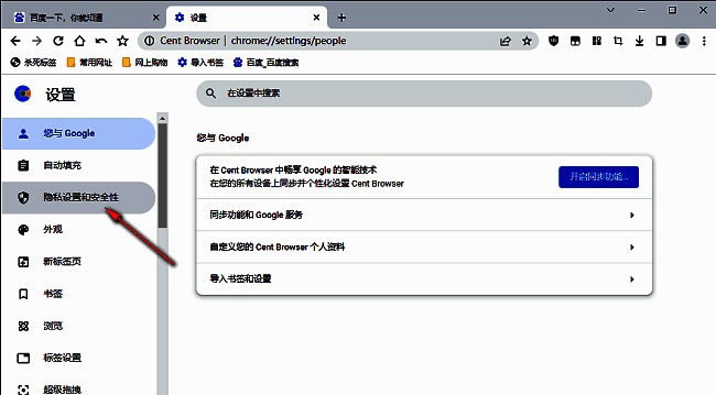 百分浏览器隐私设置和安全性选项界面截图