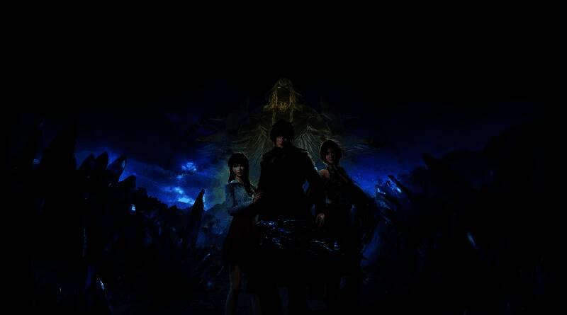 《失落之魂》游戏主视觉图，主角持剑立于废墟之上，背后是崩裂的天空与神秘敌人