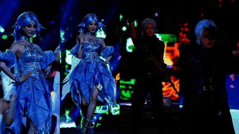 多位COSER列队行进，身着不同风格皮肤，在流光舞台上形成一道移动的视觉长廊