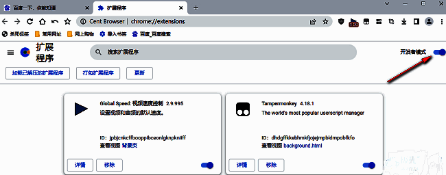扩展管理页面右上角开发者模式开关已开启，呈现蓝色激活状态
