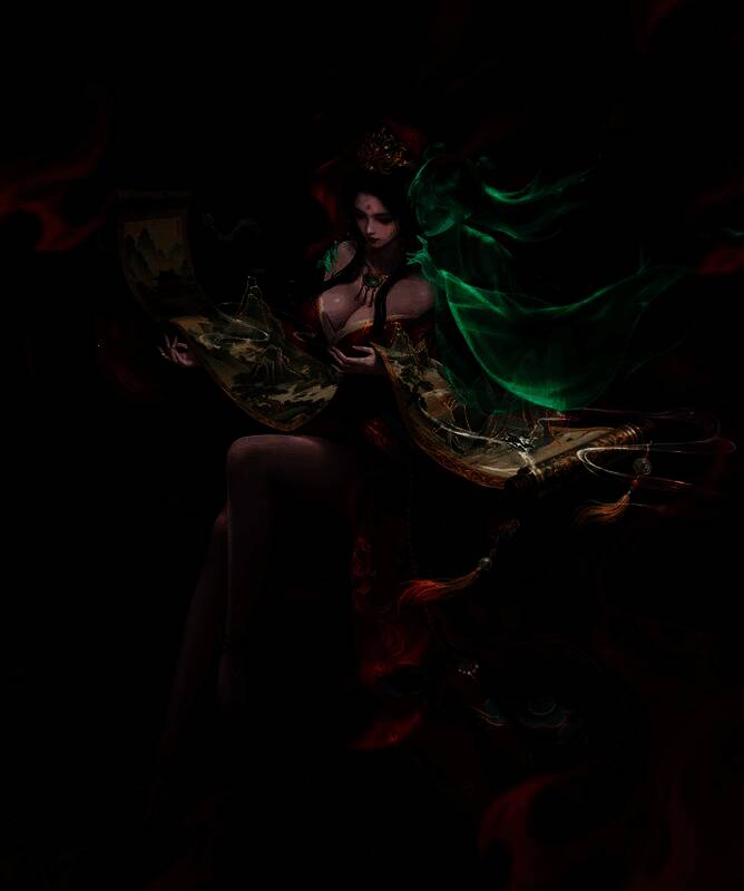 《地下城堡3》新地图「画中境」场景，水墨风格画卷世界，墨色云霞缭绕，画舫行驶于瀑布之上