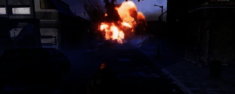 《绝地潜兵2》中角色手持最后通牒核弹手枪准备射击的特写画面，枪口泛着能量光芒，背景为战火纷飞的外星战场