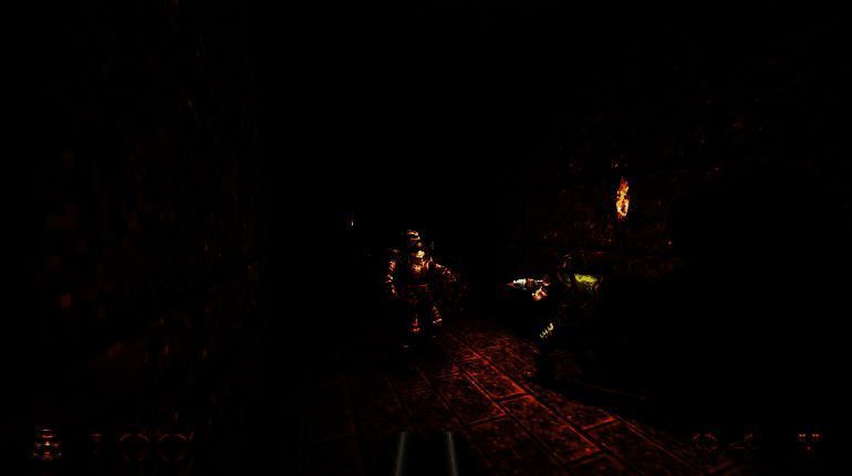 id Software官方宣传图，展示《毁灭战士：黑暗时代》中主角手持链锯枪在地狱战场上冲锋的震撼画面