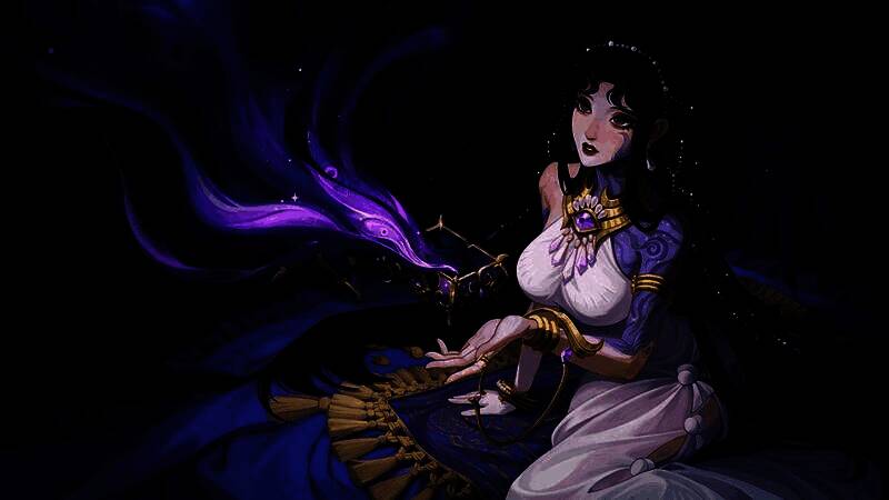 潘多拉角色立绘展示，身穿暗紫色长裙，手持发光匣子，眼神深邃神秘