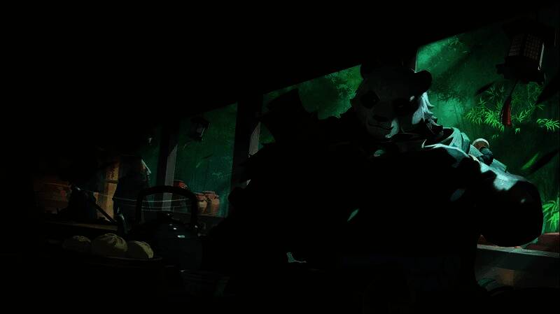 潘角色设定图，身着传统武道服，手持竹剑，背景为竹林与山川，充满东方意境