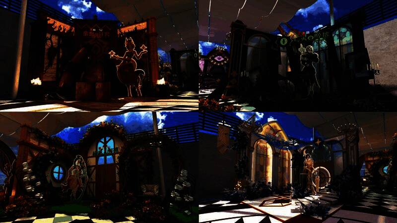 REDLAND展会现场布置效果图，四大阵营区域色彩分明，中央为潘多拉魔盒装置艺术