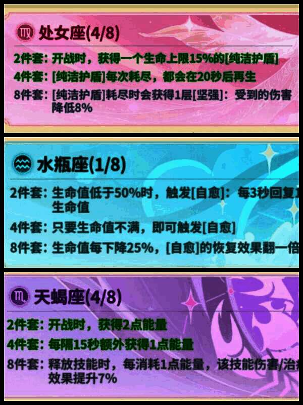 神话套装搭配界面展示四天蝎四处女组合及其属性加成详情