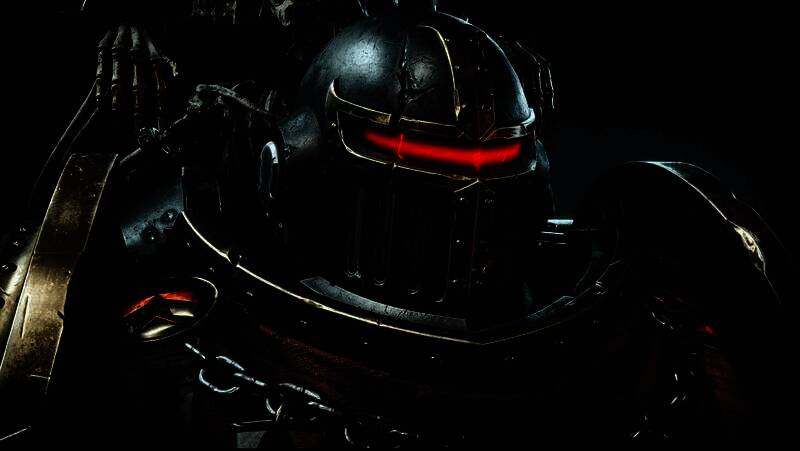 黑色圣堂武士冠军外观展示，角色身披漆黑重甲，肩甲刻有金色十字圣印，手持发光能量剑