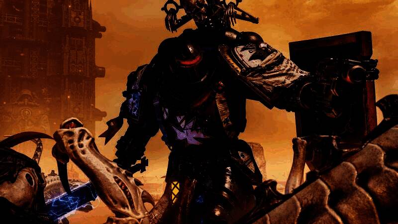 帝国之拳战团成员列队行进，装甲上印有标志性铁拳徽记，背景为破碎的帝国城市