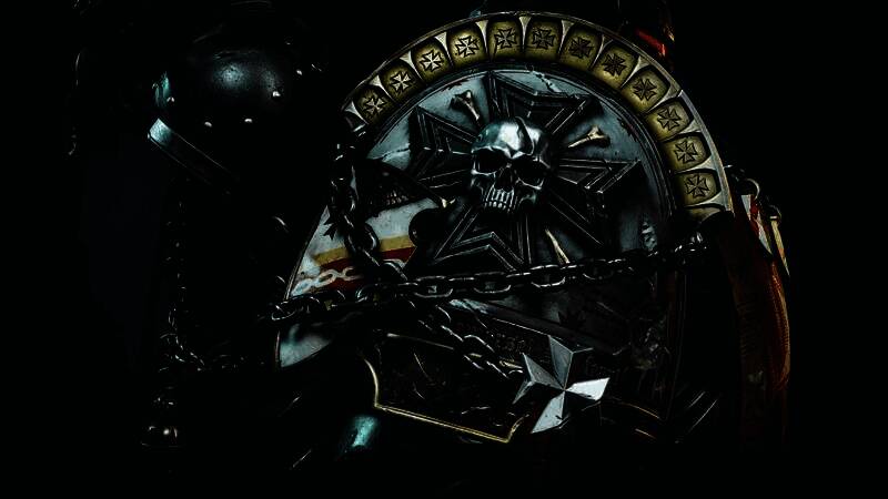 多人PVP竞技场战斗场景，三名不同战团的星际战士协同作战，对抗汹涌而来的恶魔军团