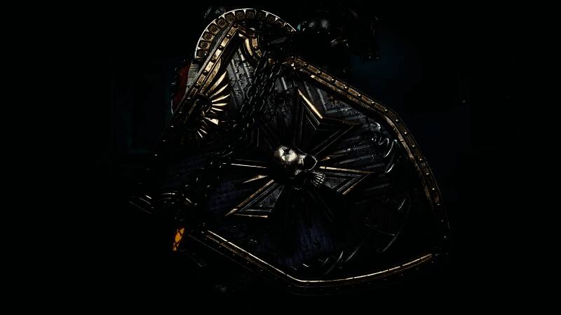 新武器特写镜头，一把装有火焰喷射器与链锯剑组合的近战武器在黑暗中闪耀红光