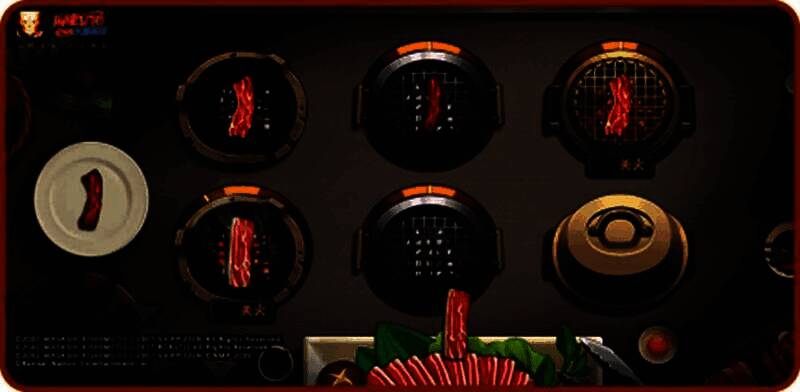 玩家在烤肉摊前操作界面，屏幕上显示烤肉进度条与忍者表情变化