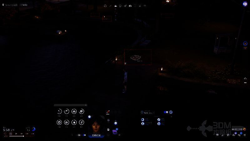 Senang公园内多处矿点分布实景，地面闪烁着不同颜色的矿石光芒，玩家角色正站在一处矿点前准备采集