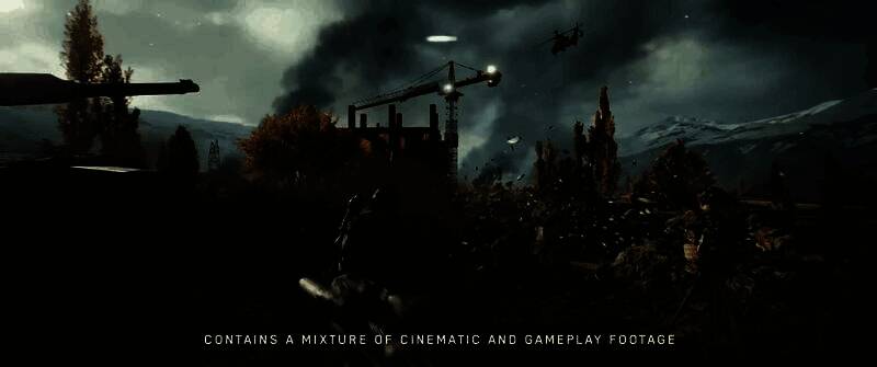 《战地6》超宽屏实机画面，战场视野开阔，远处山脉与城市废墟交相辉映