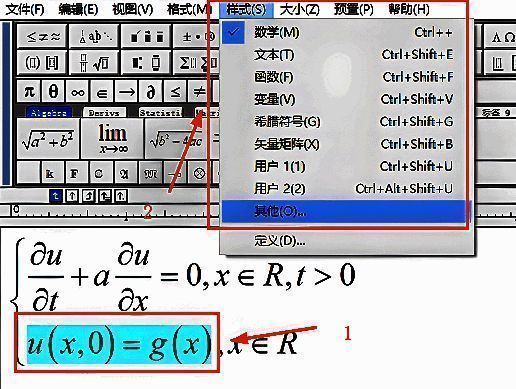 Mathtype软件界面，用户已选中公式部分字符，鼠标悬停在‘样式’菜单下的‘其他’选项上