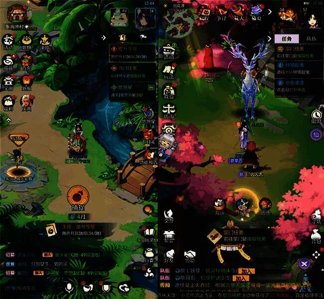 《灵兽大冒险》与《长安幻想》UI布局对比图，左侧为灵兽，右侧为长安，布局几乎一致