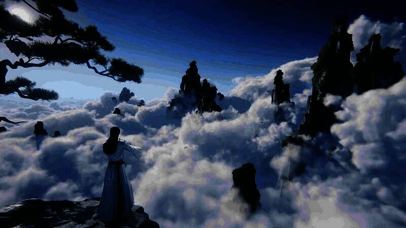 游戏场景展示云海之上漂浮的仙岛，金色霞光笼罩，远处山门若隐若现，充满神秘仙气