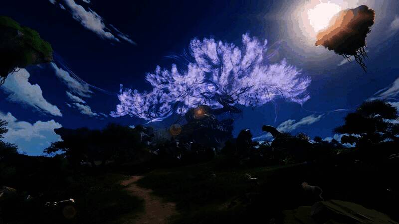 仙岛上生长着巨大神树，灵鹿穿梭其间，生态与建筑和谐共生，展现道法自然之美