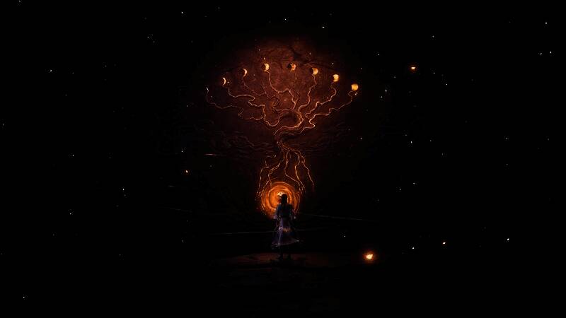 主角闭目凝神，眼前浮现发光的符文阵列，能量在节点间缓缓流动，等待破解