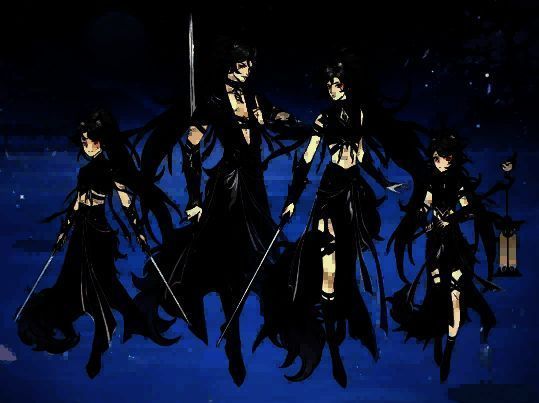 《一念逍遥》限定时装‘夜魇孤影’展示图，角色身着黑袍，背景紫焰缭绕，狼神虚影矗立身后