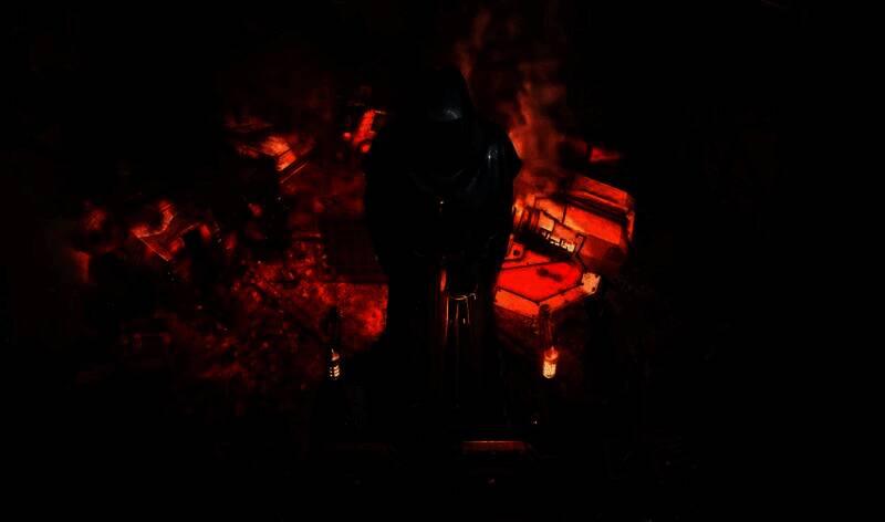 游戏中小队战斗画面，多名角色在工业废墟中与混沌信徒交火，技能特效华丽，界面显示战术指令与角色状态