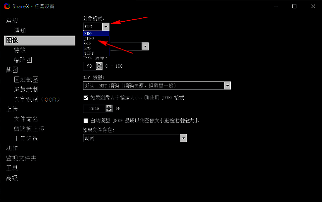 图像格式下拉菜单展开状态，显示PNG、JPEG、BMP等多种可选格式