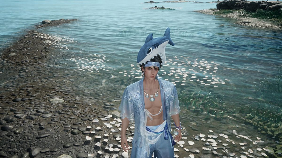 头饰·鲨鲨啃定外观展示，玩家头顶卡通鲨鱼咬住脑袋的设计，风格俏皮可爱