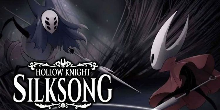 《空洞骑士：丝之歌》游戏主视觉图，主角小骑士手持骨钉，身后是神秘的丝线与蜂巢城市背景