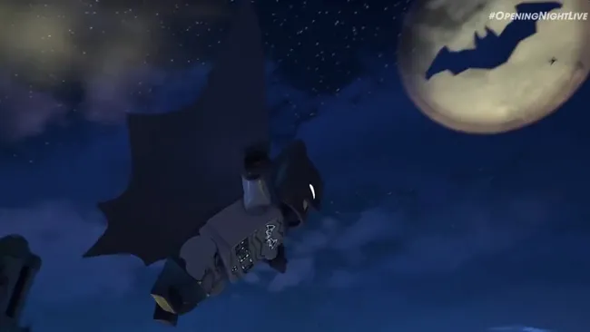 《乐高蝙蝠侠：黑暗骑士遗产》游戏实机画面，蝙蝠侠在哥谭市屋顶间穿梭，背景可见标志性反派登场