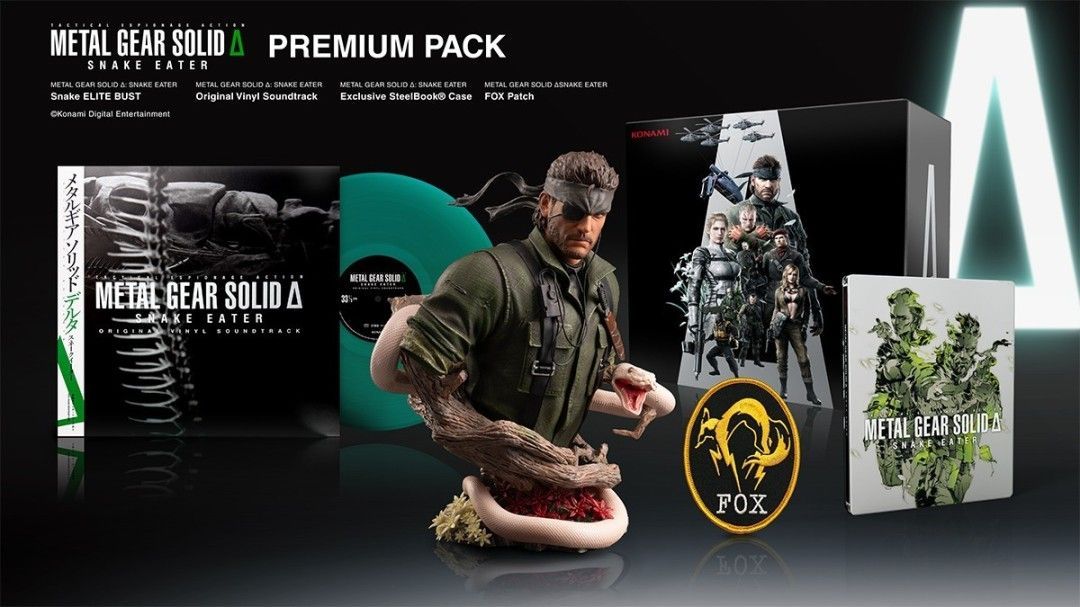 METAL GEAR SOLID Δ: SNAKE EATER Premium Pack典藏版开箱图，展示胸像、黑胶、铁盒、布章等精致周边