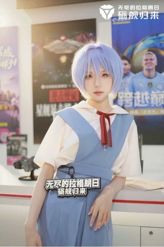 全景展示：Coser站立于灯光环绕的展台中央，背后巨幕播放EVA与战舰合体动画