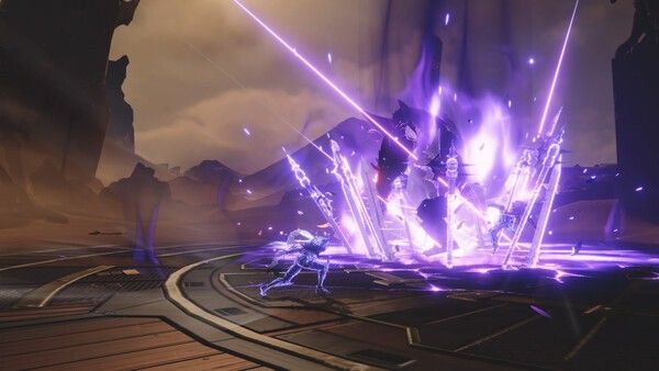 战斗场景截图，程肖宇在空中挥舞双刀，周围敌人被击飞，技能特效绚丽，展现高速连击与动态光影