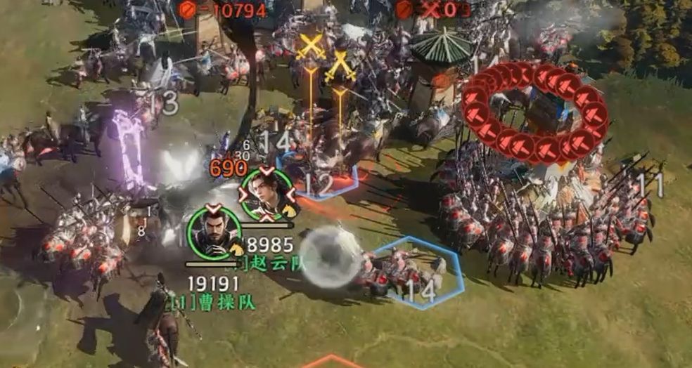 典韦在战场上冲锋的战斗画面，周围敌军被击退，技能特效炸裂，展现高爆发与闪避效果