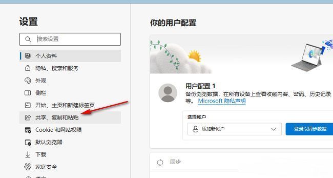Edge浏览器中共享复制粘贴设置页面详情